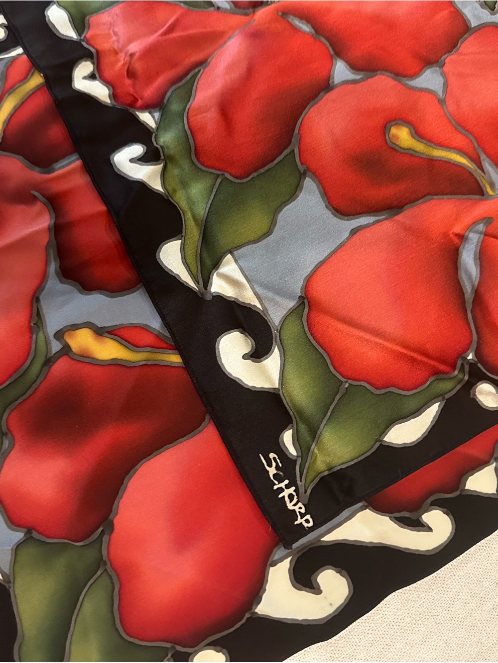 Red Floral Silk Scarf - Bold Red & Green Print